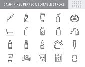 Cleanser cosmetic line icons. Vector illustration include icon - cream, collagen, mask, makeup lotion, serum, sunscreen outline pictogram for skincare product. 64x64 Pixel Perfect, Editable Stroke