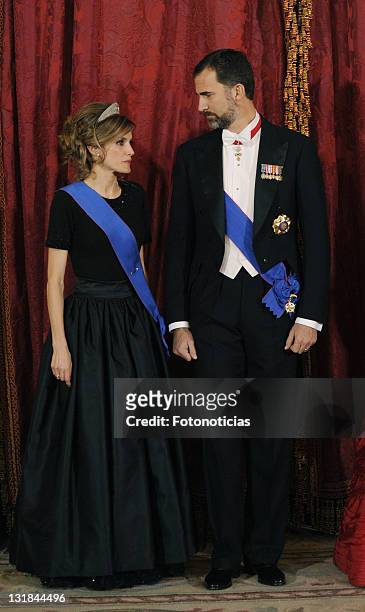 Princess Letizia of Spain and Prince Felipe of Spain attend a gala dinner in honour of Chilean President Sebastian Pinera at The Royal Palace on...