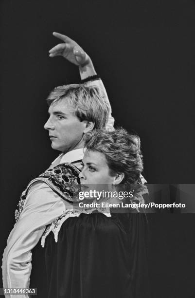 English ice dancers Jayne Torvill and Christopher Dean strike a pose from their Paso Doble routine during a press call for their ice show in England...