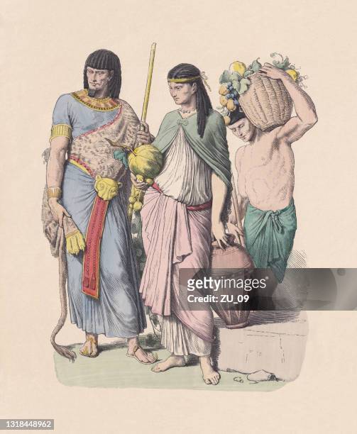 stockillustraties, clipart, cartoons en iconen met oud egypte, priester en boeren, handgekleurde houtgravure, gepubliceerd ca.1880 - ancient egyptian women