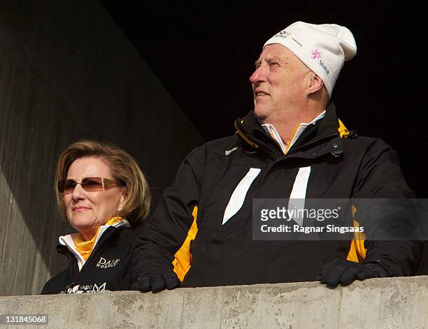 Queen Sonja of Norway and King Harald V of Norway attend the Ladies Relay 4x5km Classic/Free race during the FIS Nordic World Ski Championships 2011...
