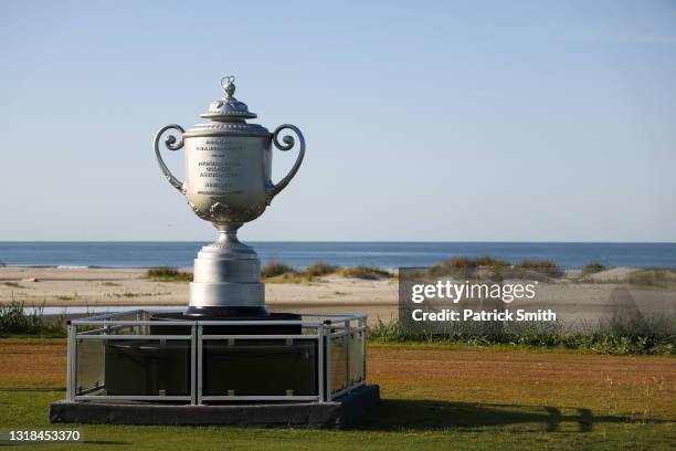 Large likeness of the Wanamaker Trophy is displayed during a practice round prior to the 2021 PGA Championship at Kiawah Island Resort's Ocean Course...