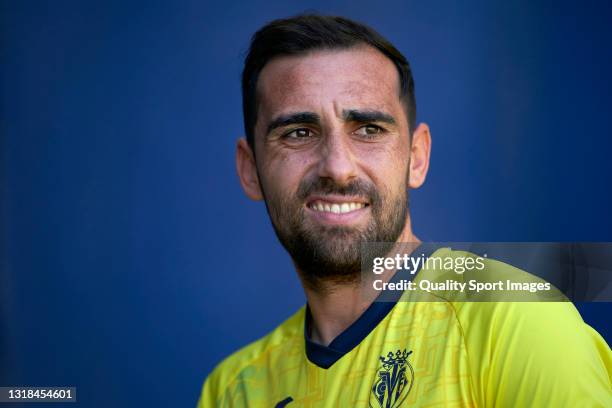 Paco Alcacer of Villarreal CF looks on prior to the La Liga Santander match between Villarreal CF and Sevilla FC at Estadio de la Ceramica on May 16,...