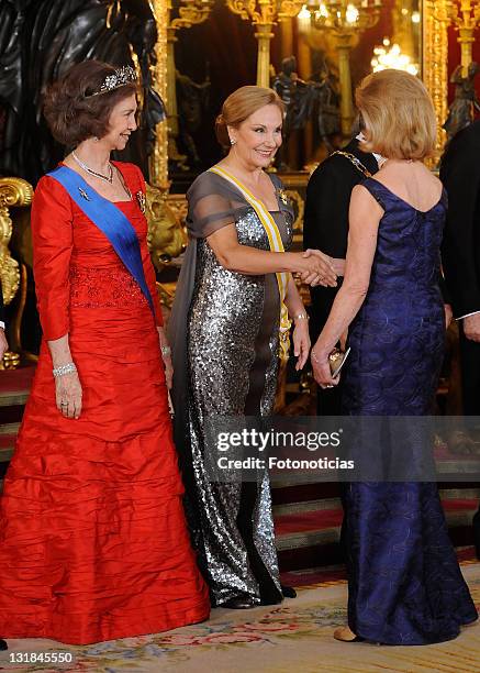 Queen Sofia of Spain and Chilean First lady Cecilia Morel de Pinera attend a gala dinner in honour of Chilean President Sebastian Pinera at The Royal...