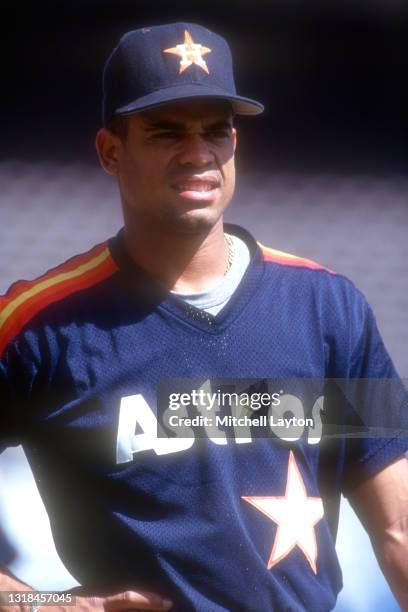 Andujar Cedeno of the Houston Astros looks on during a baseball game on against the San Diego Padres on June 8, 1992 at Jack Murphy Stadium in San...