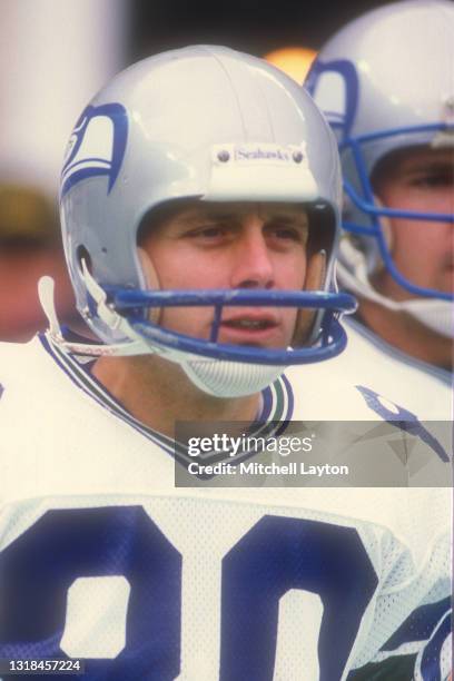 NSteve Largent of the Seattle Seahawks looks on before a NFL football game against the Washington Redskins on September 28, 1987 at RFK Stadium in...