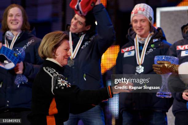 Queen Sonja of Norway attends the Men's Large Hill Team medal ceremony at University square during of the FIS Nordic World Ski Championships at...