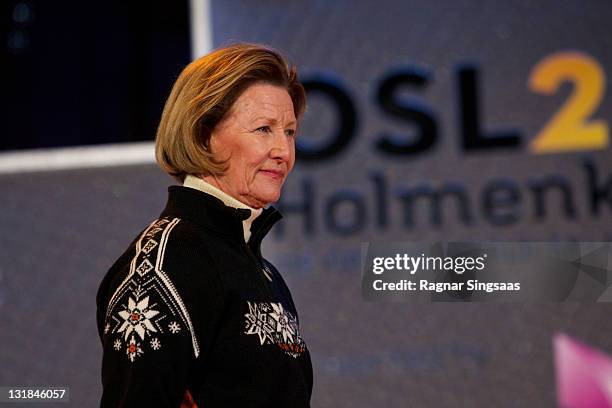 Queen Sonja of Norway attends the Men's Large Hill Team medal ceremony at University square during of the FIS Nordic World Ski Championships at...