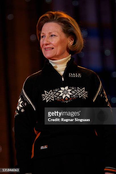 Queen Sonja of Norway attends the Men's Large Hill Team medal ceremony at University square during of the FIS Nordic World Ski Championships at...