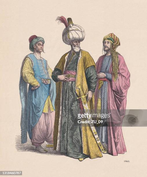 stockillustraties, clipart, cartoons en iconen met ottomaanse rijk: edele turken en sultan, handgekleurde houtgravure, gepubliceerd ca.1880 - ottoman sultan