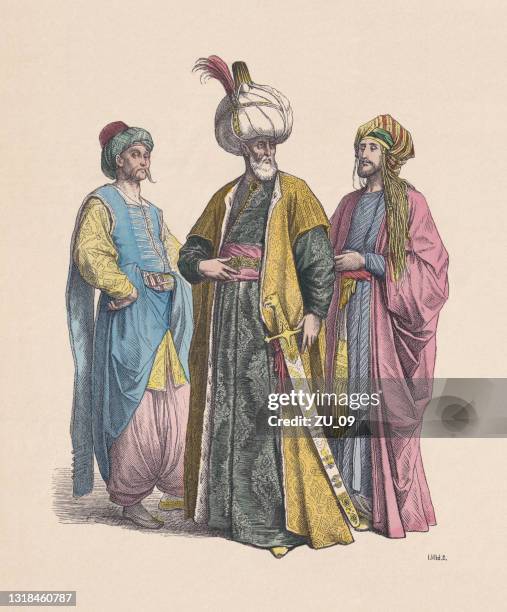 ottoman empire: noble turks and sultan, hand-colored wood engraving, published c.1880 - ottoman sultan stock illustrations