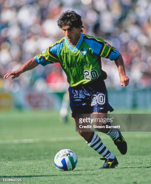 Giuseppe Galderisi, of Italy and Forward for the Tampa Bay Mutiny runs with the football during the MLS Western Conference match against the Los...