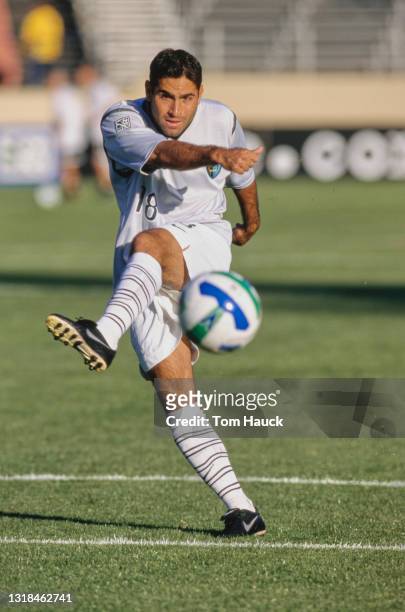 Guillermo Jara, Forward for the Tampa Bay Mutiny strikes the football before the MLS Western Conference match against the San Jose Clash on 12th June...