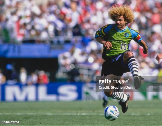 Carlos Valderrama, of Colombia and Midfielder for the Tampa Bay Mutiny runs with the football during the MLS Western Conference match against the Los...