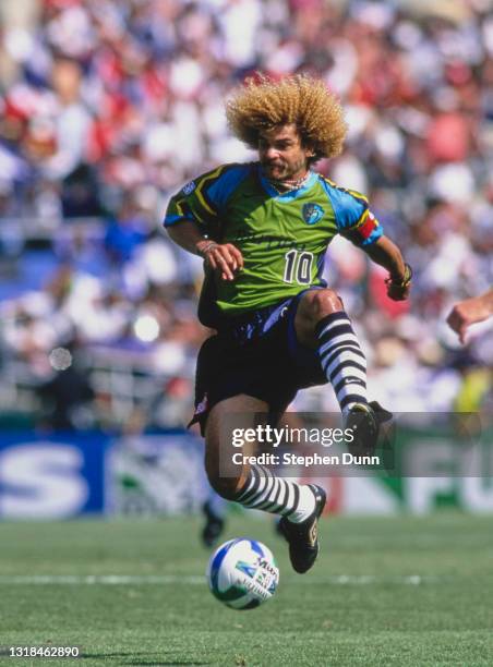 Carlos Valderrama, of Colombia and Midfielder for the Tampa Bay Mutiny runs with the football during the MLS Western Conference match against the Los...