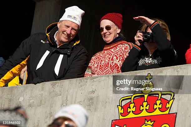 King Harald V of Norway, Queen Margrethe II of Denmark and Queen Sonja of Norway attend the Ladie's 30km Mass Start Free in the FIS Nordic World Ski...