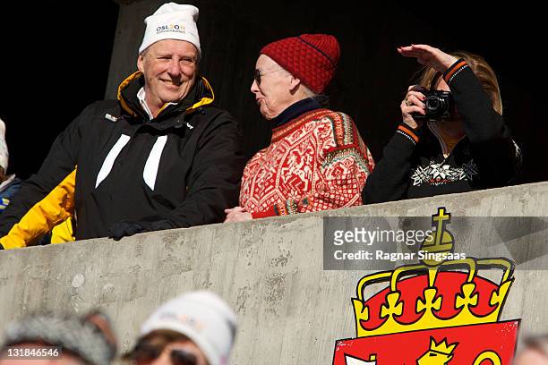King Harald V of Norway, Queen Margrethe II of Denmark and Queen Sonja of Norway attend the Ladie's 30km Mass Start Free in the FIS Nordic World Ski...