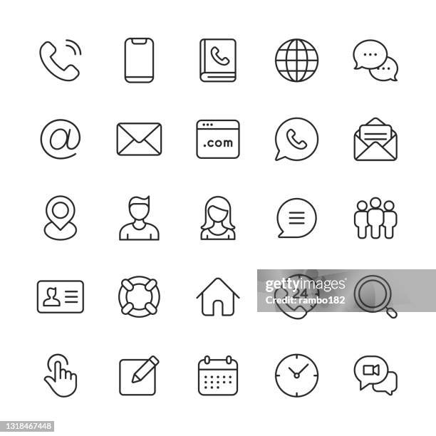 stockillustraties, clipart, cartoons en iconen met neem contact met ons op line icons. bewerkbare lijn. pixel perfect. voor mobiel en web. bevat pictogrammen zoals agenda, chat, e-mail, faq, link, kaart, vergadering, bericht, navigatie, kantoor, podcast, seo, sociale media, tekstballon, tekstberichten, vid - bordje-met-openingstijden