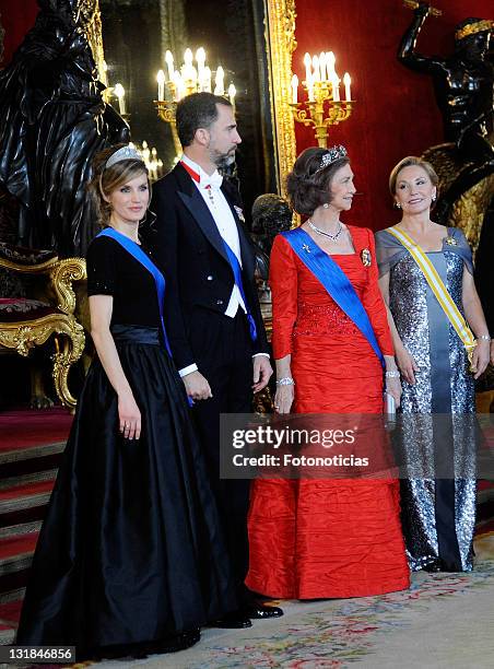 Princess Letizia of Spain, Prince Felipe of Spain, Queen Sofia of Spain and Chilean First Lady Cecilia Morel de Pinera attend a gala dinner in honour...