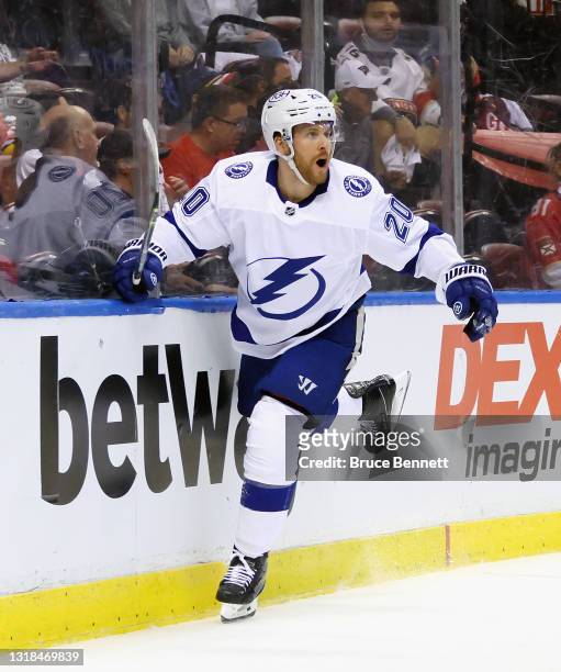 Blake Coleman of the Tampa Bay Lightning celebrates his shorthanded goal at 7:42 of the first period against Sergei Bobrovsky of the Florida Panthers...