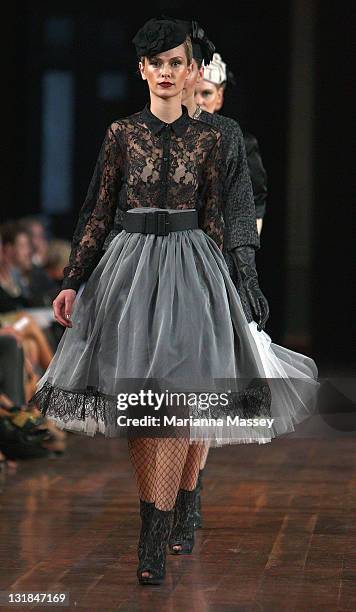 Model showcases designs by Politix on the catwalk during the Myer Autumn/Winter Season Launch 2011 Show at The Royal Exhibition Building on March 1,...