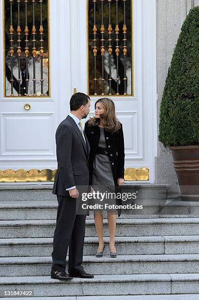 Prince Felipe of Spain and Princess Letizia of Spain receive the President of Chile Sebastian Pinera and her wife Cecilia Morel de Pinera at Zarzuela...