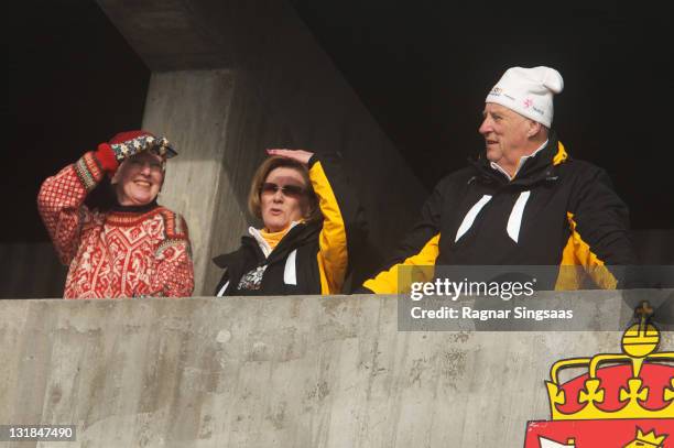 Queen Margrethe II of Denmark, Queen Sonja of Norway and King Harald V of Norway attend the Ladies Relay 4x5km Classic/Free race during the FIS...