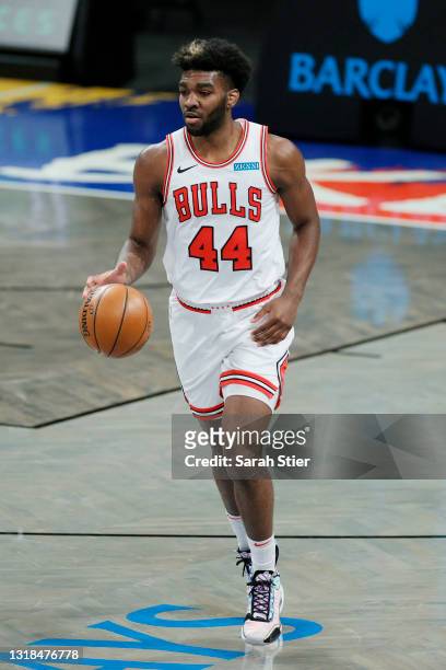 Patrick Williams of the Chicago Bulls dribbles during the first half against the Brooklyn Nets at Barclays Center on May 15, 2021 in the Brooklyn...