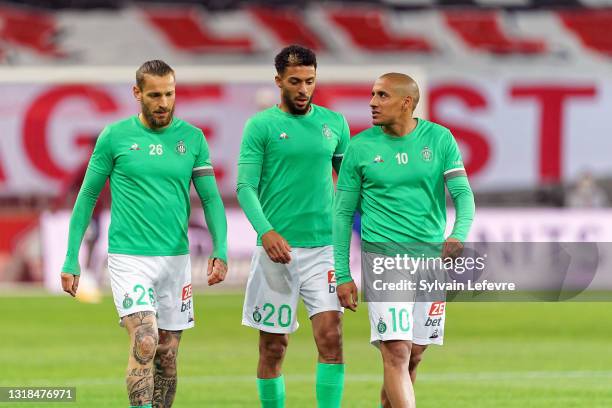 Mathieu Debuchy, Denis Bouanga, Wahbi Khazri of AS St-Etienne during warm up before the Ligue 1 match between Lille OSC and AS Saint-Etienne at Stade...