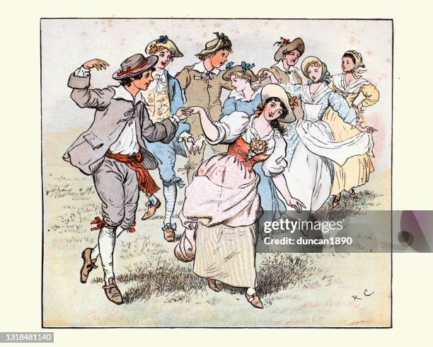 folk dance, young couples dancing hand in hand at a may day festival, victorian 19th century - traditional ceremony stock illustrations