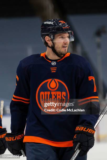 Dmitry Kulikov of the Edmonton Oilers skates against the Vancouver Canucks at Rogers Place on May 15, 2021 in Edmonton, Canada.