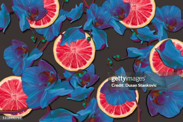 stockillustraties, clipart, cartoons en iconen met naadloos patroon met blauwe orchideeën en grapefruitringen - fruit art