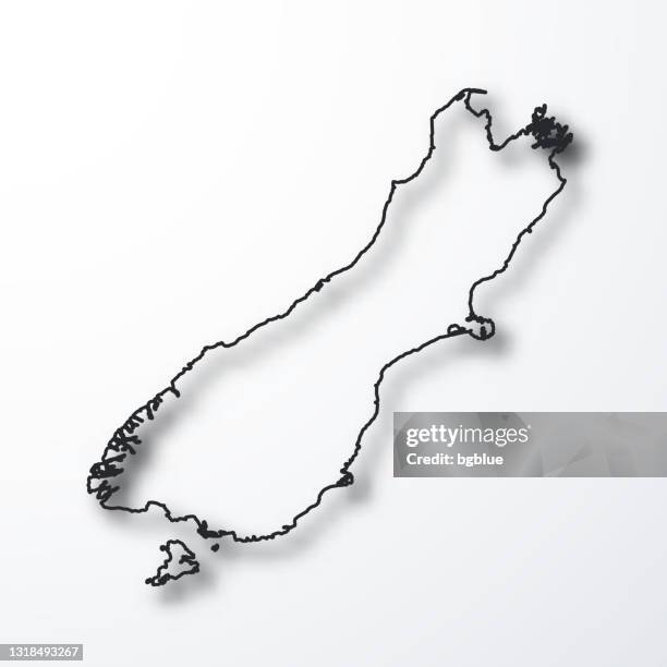 south island map - black outline with shadow on white background - christchurch new zealand stock illustrations