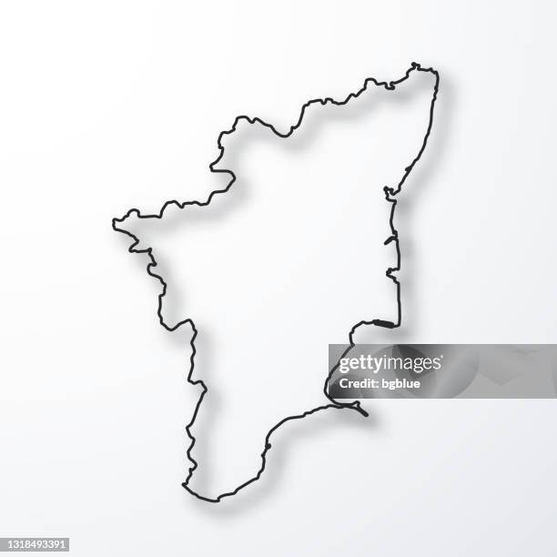 tamil nadu map - black outline with shadow on white background - chennai stock illustrations