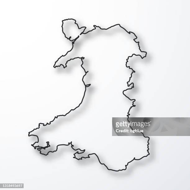 威爾士地圖 - 黑色輪廓，白色背景上有陰影 - 卡地夫 威爾斯 幅插畫檔、美工圖案、卡通及圖標