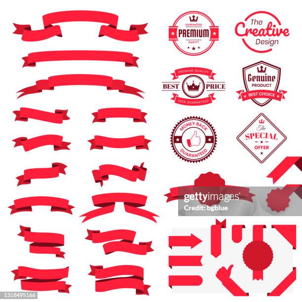 stockillustraties, clipart, cartoons en iconen met reeks rode linten, banners, kentekens, etiketten - ontwerpelementen op witte achtergrond - red white and blue ribbon