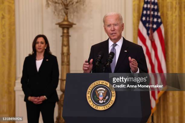 President Joe Biden, joined by Vice President Kamala Harris, gives an update on his administration’s COVID-19 response and vaccination program in the...