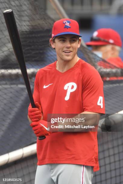 Scott Kingery of the Philadelphia Phillies looks on during batting practice of a baseball game against the Washington Nationals at Nationals Park on...