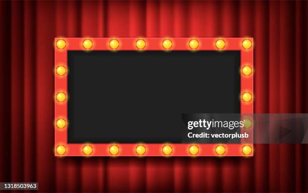 frame with light bulbs on red theater curtains background. vector illustration. - hollywood house stock illustrations