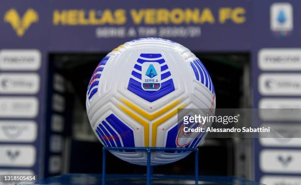 The match ball is seen prior to the Serie A match between Hellas Verona FC and Bologna FC at Stadio Marcantonio Bentegodi on May 17, 2021 in Verona,...