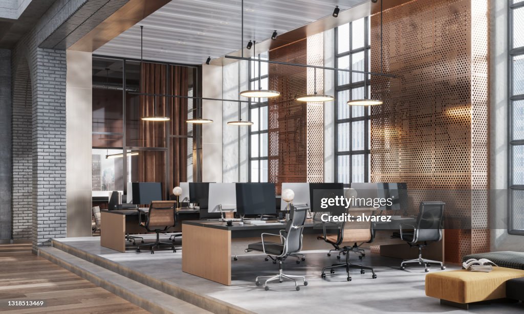 3D-Bild eines großen Coworking-Büroraums