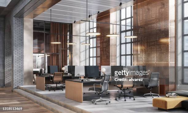 3d beeld van een grote coworking kantoorruimte - büro stockfoto's en -beelden