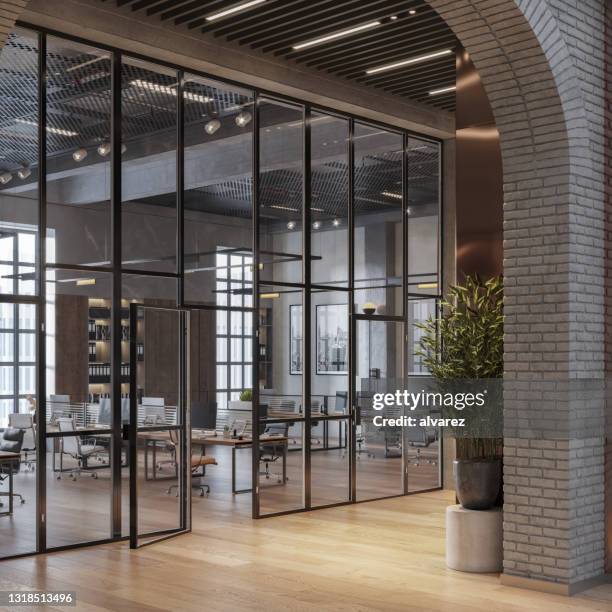 3d rendering of modern office with large glass partitions - glass entrance imagens e fotografias de stock