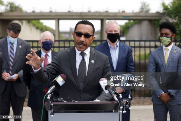 Rep. Kweisi Mfume speaks as Sen. Ben Cardin , Sen. Chris Van Hollen and Baltimore Mayor Brandon Scott listen during a news conference May 17, 2021 in...