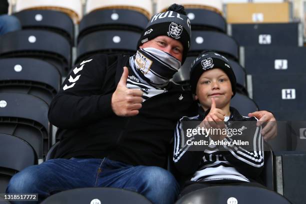 Fans of Hull FC during the Betfred Super League round 6 match between Hull FC and Catalans Dragons at the KCOM Stadium on May 17, 2021 in Hull,...