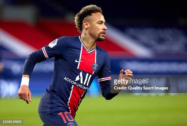 Neymar Jr of Paris Saint-Germain in action during the Ligue 1 match between Paris Saint-Germain and Stade Reims at Parc des Princes on May 16, 2021...