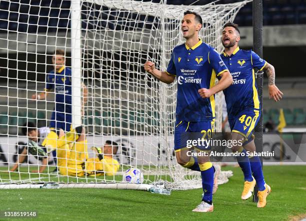 Nikola Kalinic of Hellas Verona F.C. Celebrates after scoring his team's second goal during the Serie A match between Hellas Verona FC and Bologna FC...