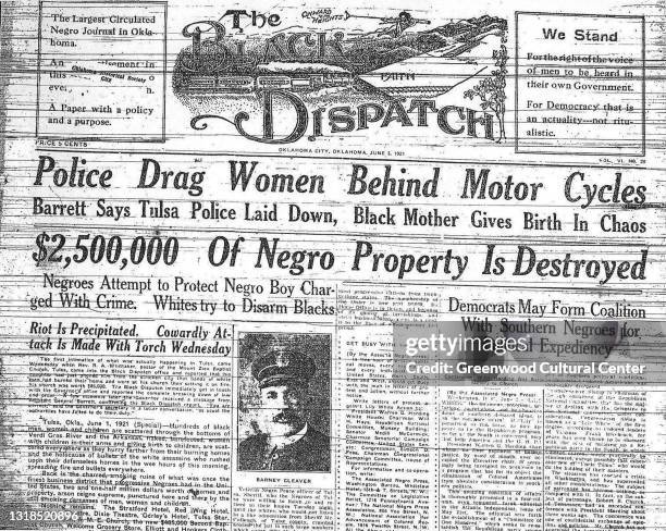 View of the front page of an edition of the Black Dispatch newspaper, detailing incidents of the Tulsa Race Massacre , Oklahoma, June 1, 1921. Among...