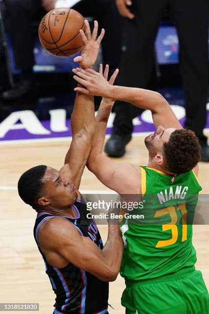 Robert Woodard II of the Sacramento Kings defends against the shot by Georges Niang of the Utah Jazz at Golden 1 Center on May 16, 2021 in...