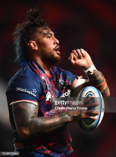 Nathan Hughes of Bristol Bears celebrates their sides fourth try during the Gallagher Premiership Rugby match between Bristol and Gloucester at...